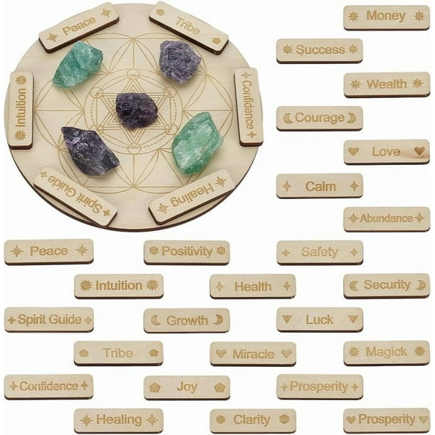 Juego de tablero de madera cuadriculado. Plato redondo grande con geometría sagrada. 25 palitos pequeños grabados con palabras inspiradoras. Platos espirituales de madera.