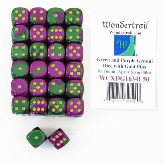 Green and Purple Gemini Dice with Gold Pips D6 16mm (5/8in) Bulk Pack of 50 Wondertrail
