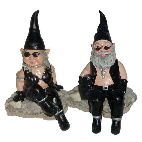 Homestyles "Biker Dude & Babe" the 6"H Biker Gnome Shelf Sitters in Leather Motorcycle Riding Gear Outdoor Garden Figurines