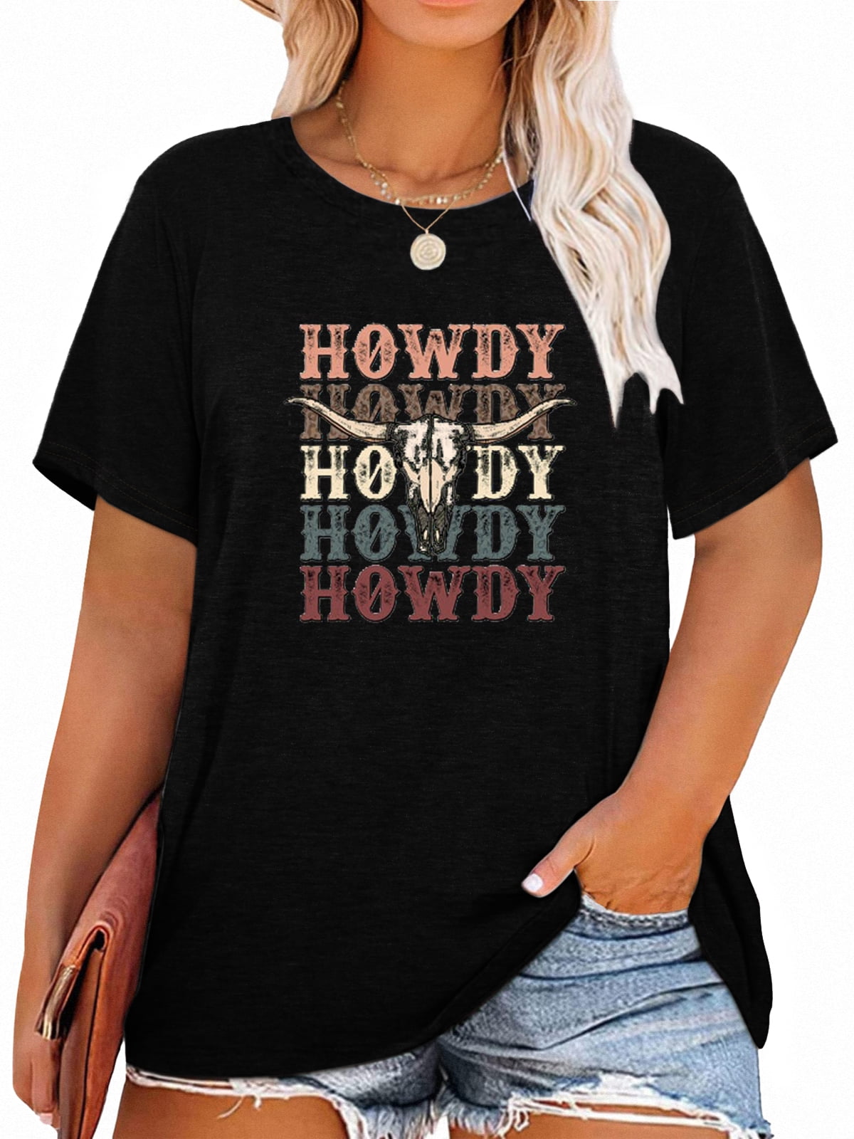 Anbech Western 80s Plus Size T-Shirts for Women Graphic Howdy Print ...