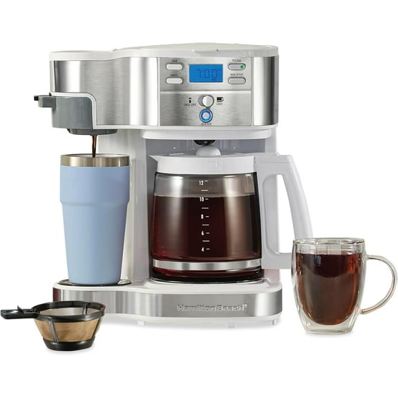 2-Way Programmable Coffee Maker, 12 Cup Glass Carafe And Single Serve Coffee Maker, White with Stainless Steel Accents