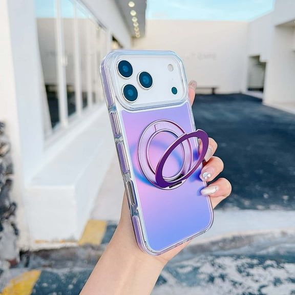 Designed for iPhone 17 Phone Case,With Contractile Ring Kickstand,Color-changing Glossy Back,Ultra Slim Shockproof Anti-Scratch Iridescent Translucent Durable Phone Case,Purple