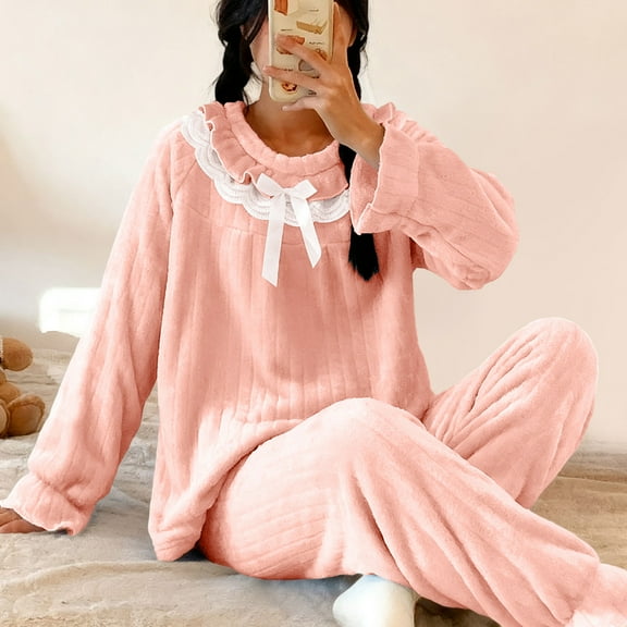 Sakmal Winter Flannel Nightgowns for Women Pink Plus Size Nightwear Long Sleeve Crew Neck Ladies Nightgowns L