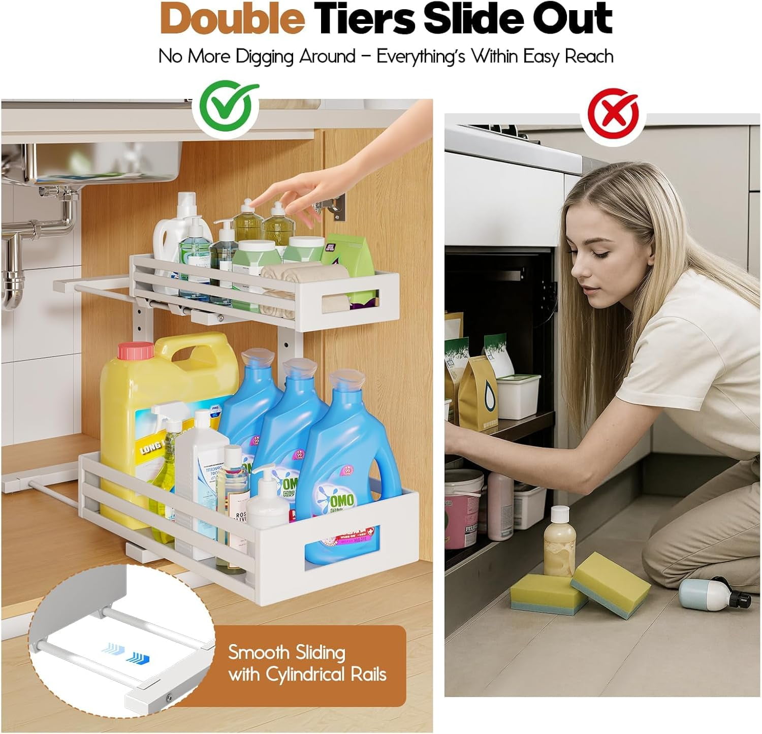 2-Pack Under Sink Organizers and Storage,2-Tier L Shape Pull Out Cabinet Organizer With Round Tube Slide Rails,Hight Adjustable Slide Out Drawers for Kitchen&Bathroom,Multi-Purpose StorageShelf-White