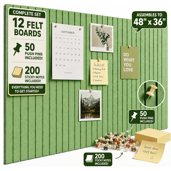 48 x 36" Felt Bulletin Board Tiles, 12 Pack Push Pin Board, Cork Board Alternative for Wall, Includes 200 Sticky Notes & 50 Pins for Office, Home, Classroom