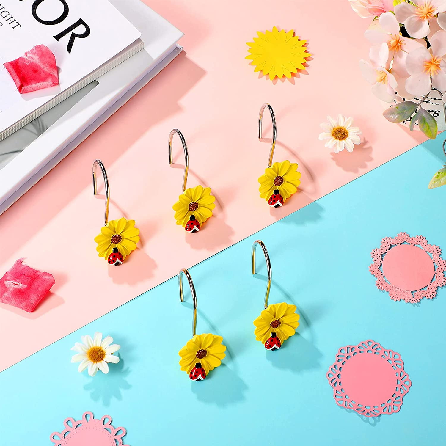 12 Pieces Sunflower Curtain Hooks With Ladybug Daisy Shower Bathroom Resin Rings Metal Decorative Hook For Canada 12 Pieces Sunflower Curtain Hooks With, Ladybug Shower Curtain Hooks