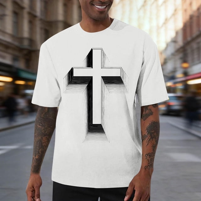 Ceisia Men's Loose Fit Short Sleeve T-Shirt 3D Cross Print Faith Theme Spring Summer Shirt Gift