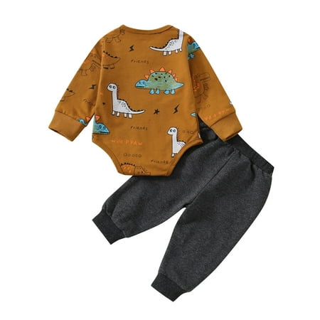 

Zlekejiko Baby Boys Girls Long Sleeve Cute Cartoon Dinosaur Romper Bodysuit Tops Patchwork Pants Trousers Tracksuit Outfit Set 2PCS Clothes