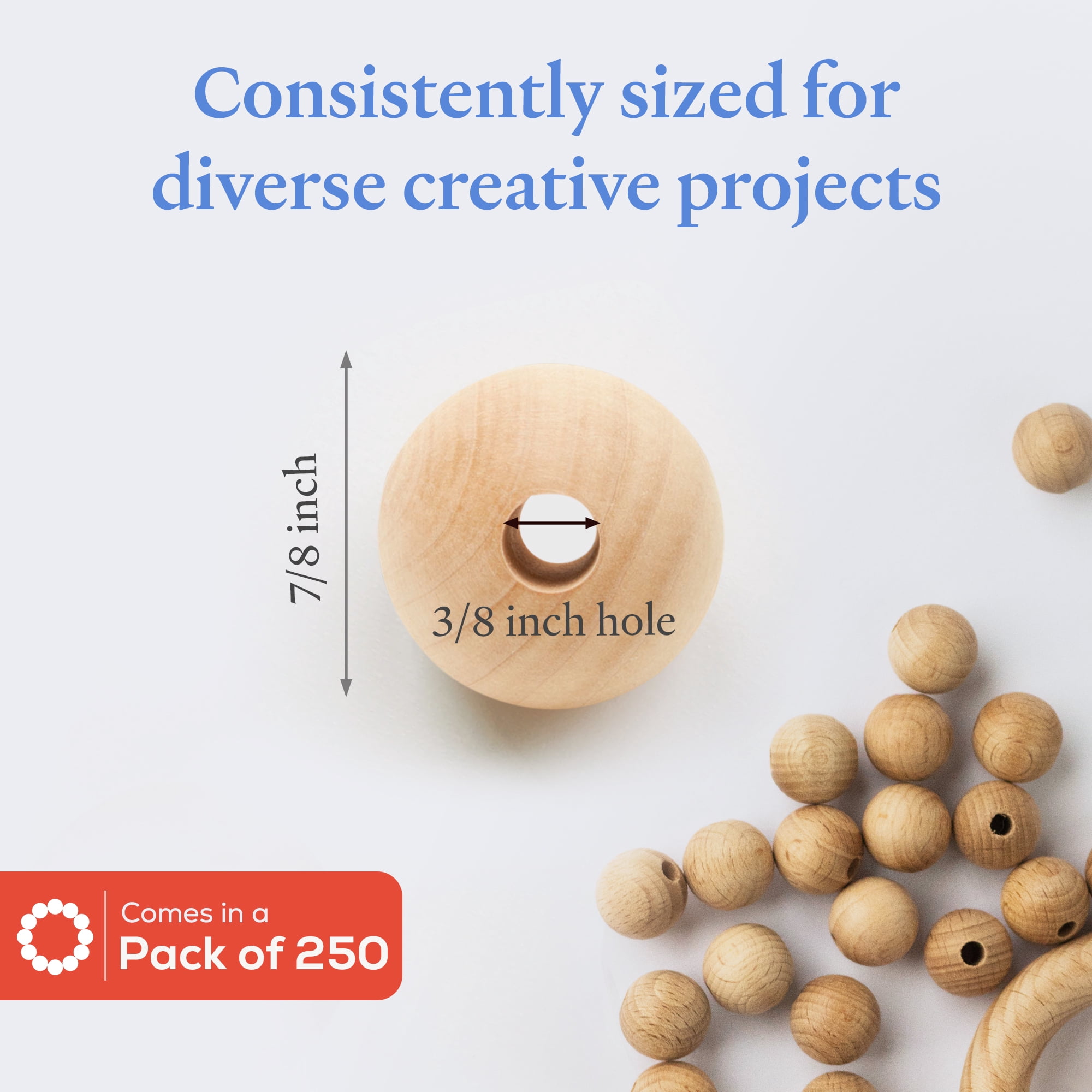 Wooden Beads (22mm) 7/8 x 3/8 Inch Hole Pack of 250 Unfinished Wooden Bead Supplies Easily Threads, Smooth Natural Finish Paint and Stain by Woodpeckers