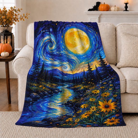 Swirling Moon River in Post Impressionist Style for Nature Lovers, Sunflower Mountain Stream Scene, Warm Flannel Blanket for Bedroom and Reading Room, Christmas Gift, Mountain Home Decor