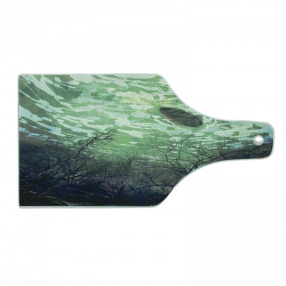 Fantasy World Cutting Board, Underwater World with Tree Branches Stones Waves and Reflection of Sun Digital Art, Tempered Glass Cutting and Serving Board, Wine Bottle Shape, Green, by Ambesonne