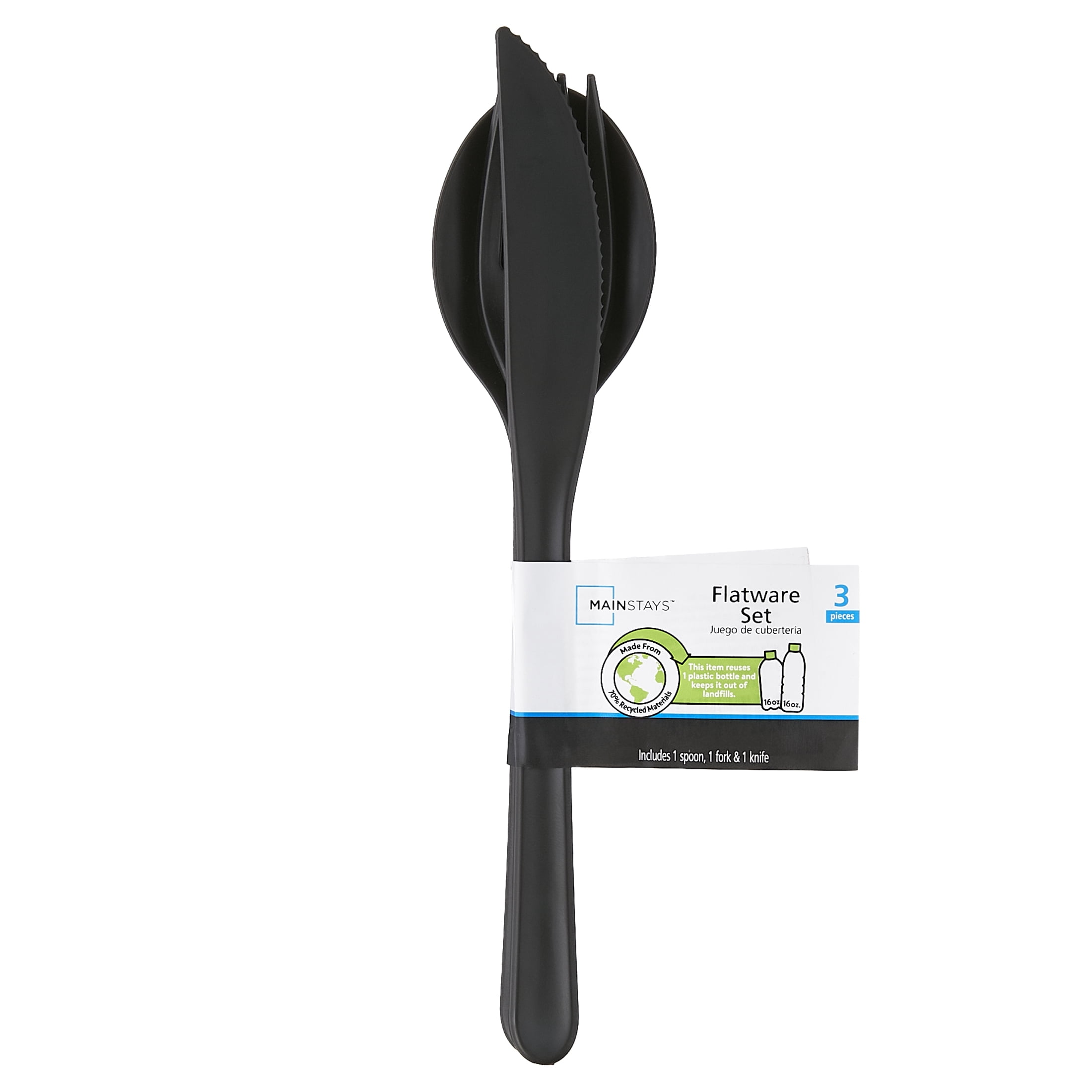 (4 pack) Mainstays - Black Eco-Friendly Recycled Plastic 3-Piece Flatware Set