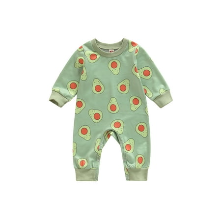 

Genuiskids Infant Baby Boys Girls Spring Fall Jumpsuit Newborn Cartoon Avocado/Bread Egg Print Long Sleeve Romper 0-24M