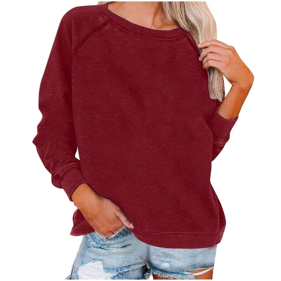 Mlzmgr Crewneck Sweatshirts for Women Long Sleeve Casual Athletic Fall Winter Solid Color Basic Pullover Tops(X-Large,Wine)