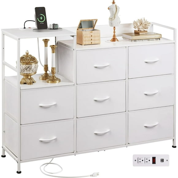 White Dresser TV Stand for Bedroom with Charging Station, Wide Storage Chest of Drawers with 8 Large Fabric Drawers and Open Shelves, Storage Organizer Unit for Closet, Living Room, Hallway