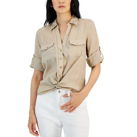 INC TOASTED TWINE Women's Linen Twist-Hem Blouse, Small