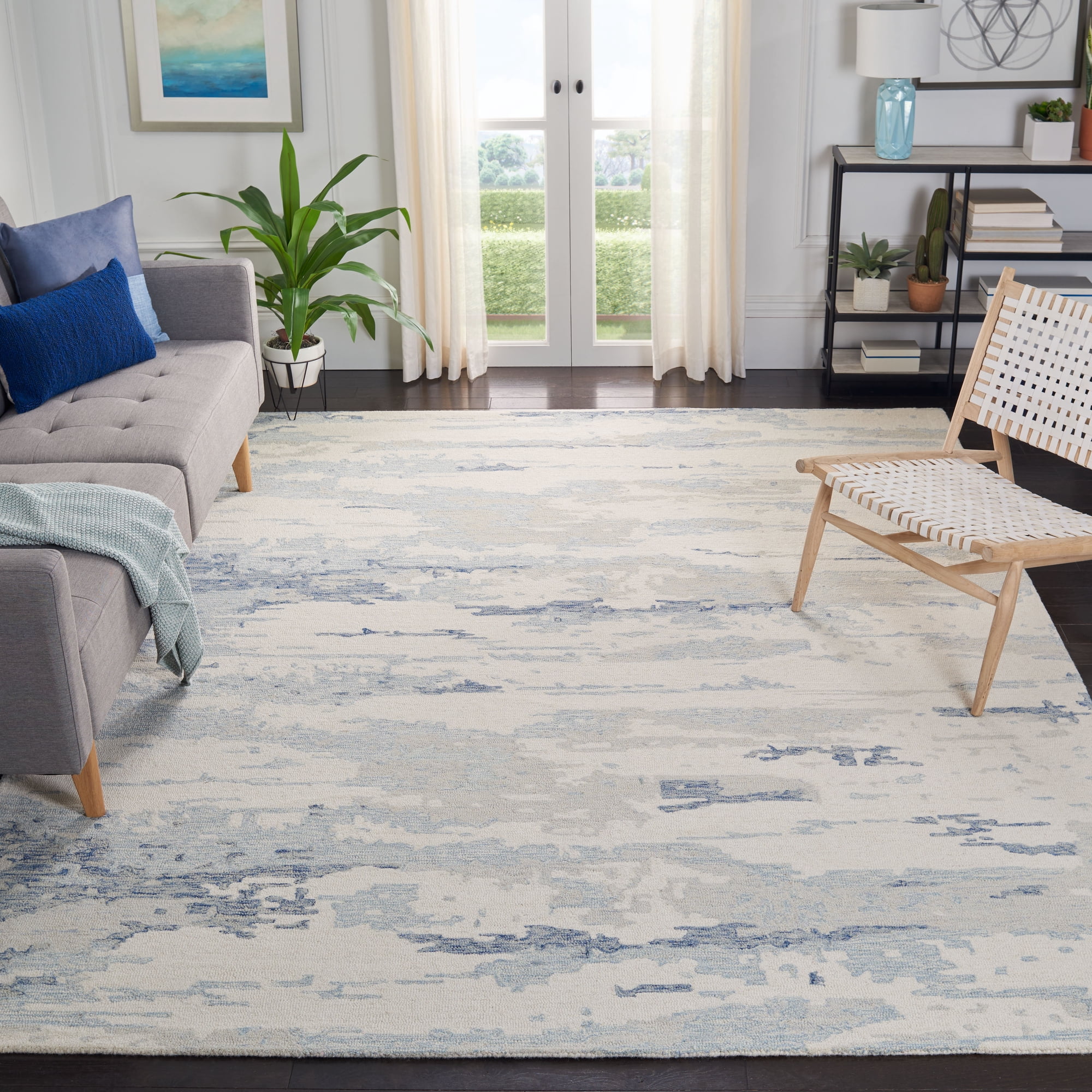 SAFAVIEH Abstract Seachlann Abstract Wool Area Rug, Ivory/Blue, 9' x 12'