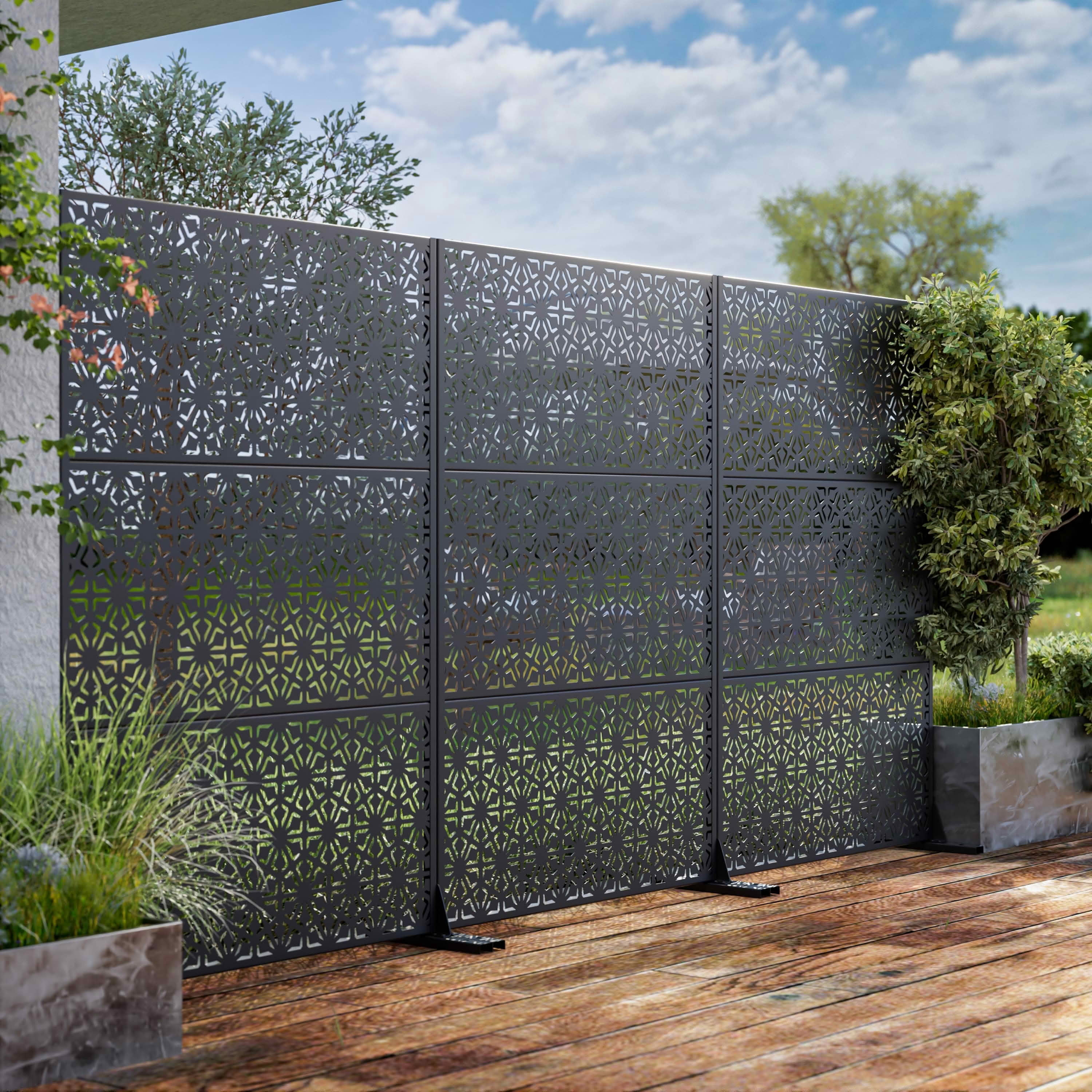 MAYEERTY 72x47x16 Inch Black 6-Leaf Hexagonal Galvanized Steel Privacy Screen, 6 Piece Set for Outdoor Garden