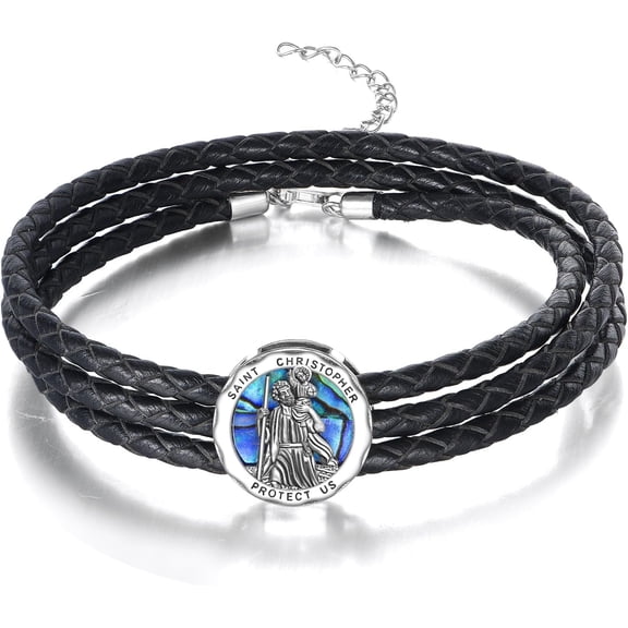 Sterling Silver Saint Christopher Medal Bracelet for Men, Catholic Traveler Protection Jewelry, Leather Cord Adjustable Bracelet Gift for Him