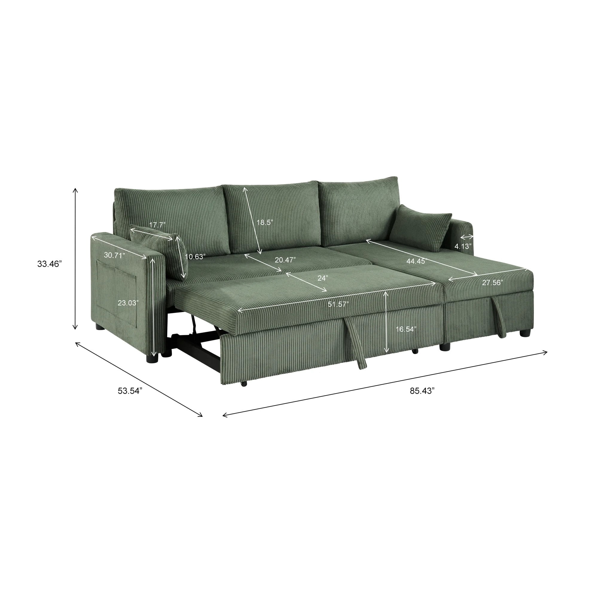 BSHTI L-Shaped Pull-Out Sleeper Sofa Bed with Storage Chaise, 3-Seater Convertible Corduroy Sectional Couch, Solid Wood & Iron Frame, Olive Drab