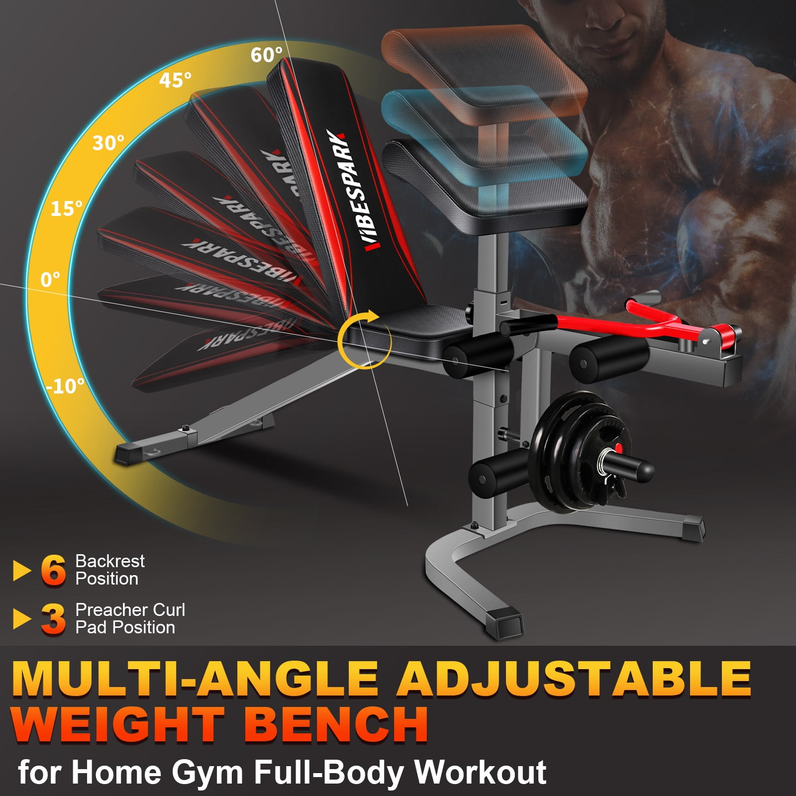 VIBESPARK 900LBS 6-in-1 Workout Bench, Adjustable Weight Bench Press Set with Leg Extension & Leg Curl & Preacher Curl Pad, Multi-function Weight Bench for Home Gym Dumbbell Exercise