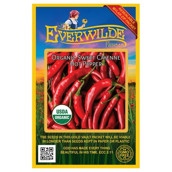 Everwilde Farms - 20 Organic Sweet Cayenne Hot Pepper Seeds - Gold Vault Jumbo Bulk Seed Packet