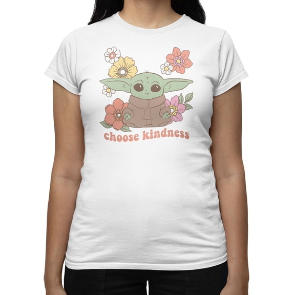 Star Wars The Mandalorian Women's Grogu Choose Kindness Flowers T-Shirt (Bright White, S-XXL)