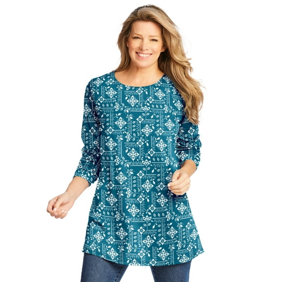 Woman Within Plus Size Perfect Printed Long-Sleeve Crewneck Tunic
