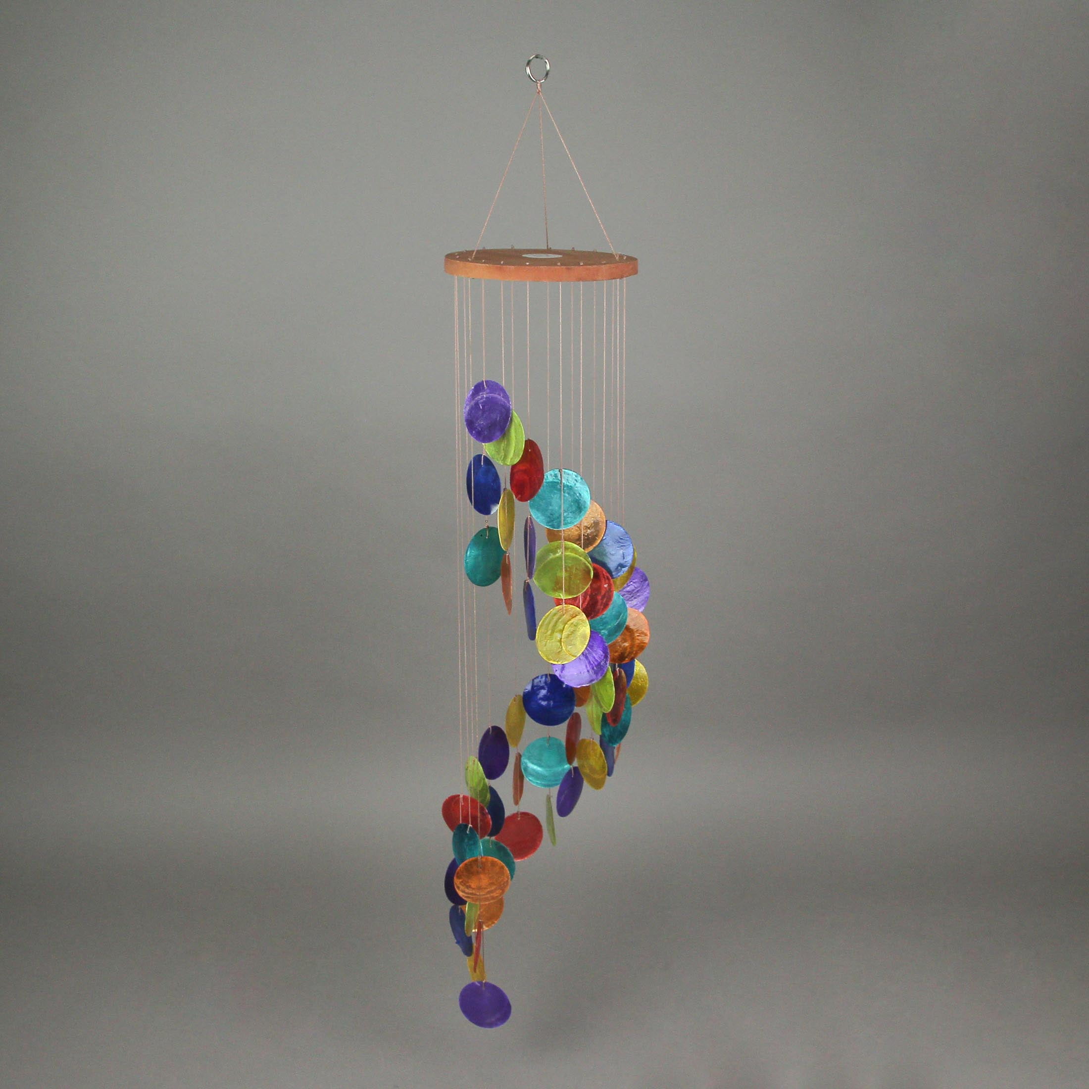 J.D. Yeatts Dyed Capiz Shell 26 inch Long Spiral Wind Chime Rainbow Colors