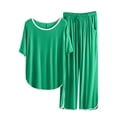 thumbnail image 2 of pstuiky Pajama Sets for Women 2 Piece, Women Solid Color Short Sleeve Round Neck Blouses Shirts Sets and Long Pants Slim Fit Simple Plus Size Pajama Sets Plus Size Loungewear Green L, 2 of 9