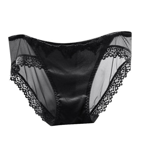 WEIWEN See Through Underwear Women Breathable Lace Scalloped Edge Low Rise Panties for Women Sheer Thongs Bikini Hipster Briefs Ladies Underwear Black, M