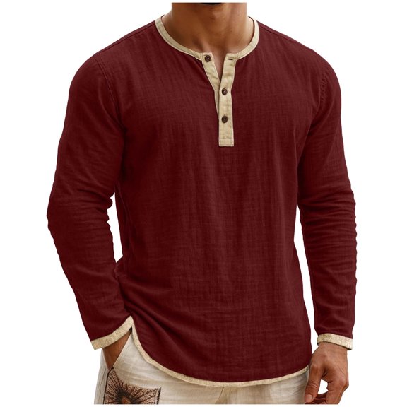 QTBIUQ Mens Long Sleeve Button Sports Henley Shirt Breathable Comfort Shirt for Gym Workout Lightweight Athletic Tee Burgundy
