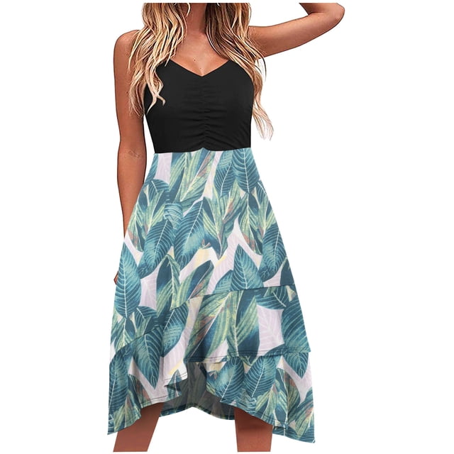 Pisexur Robe Sans Manches Col en V Mode Femmes Robes Col en V Été Imprimé Décontracté Sans Manches Vacances Plage Longueur Genou Robe Femmes