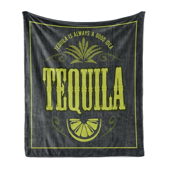 Tequila Soft Flannel Fleece Throw Blanket, Vintage Alcohol Themed Design with Typography and Lime Slice, Cozy Plush for Indoor and Outdoor Use, 50" x 60", Grey Yellow Green, by Ambesonne