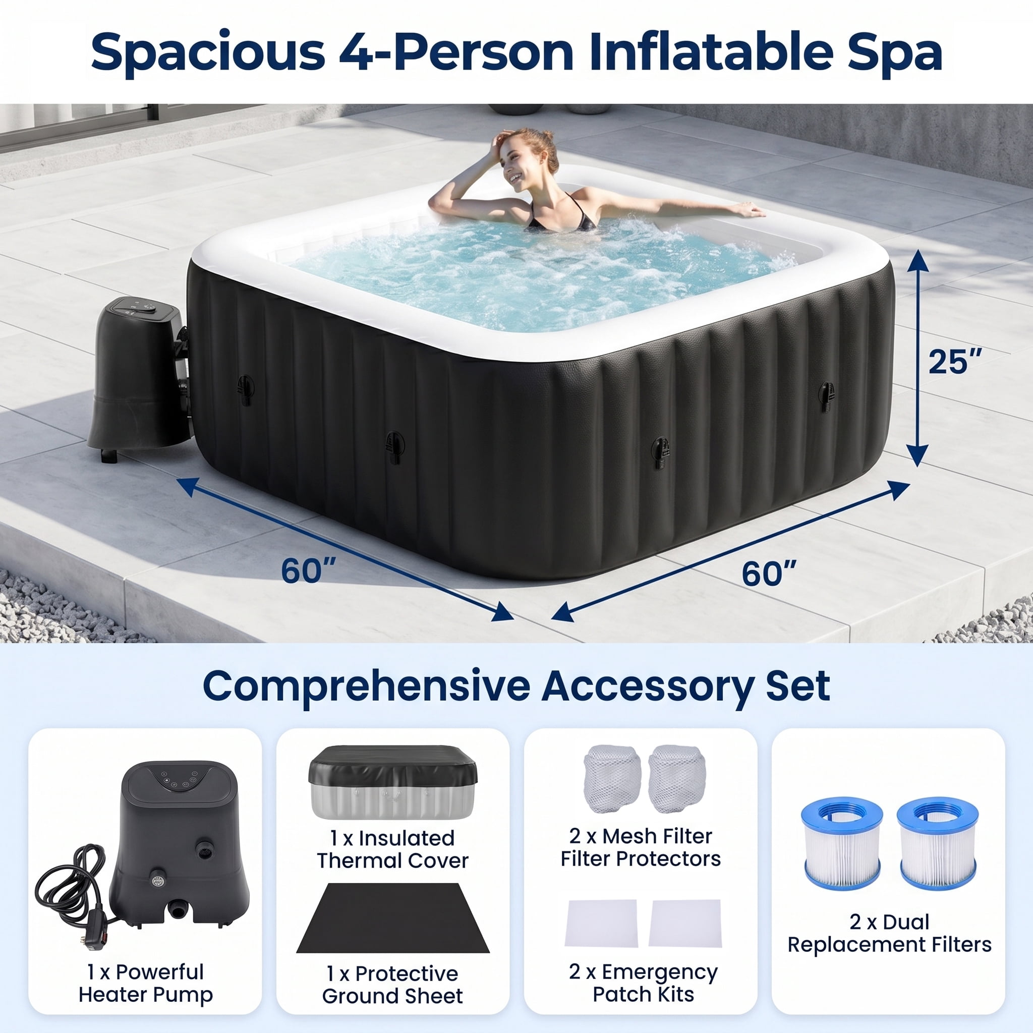 Ficisog Air Jet Inflatable Hot Tub for 2-4 Person, Portable Outdoor Blow Up Tub with Heater Pump and Insulated Cover, Square Family SPA Hot Tub, 185 Gallons, 110 Soothing Jets, 60" L X 60" W X 25" H