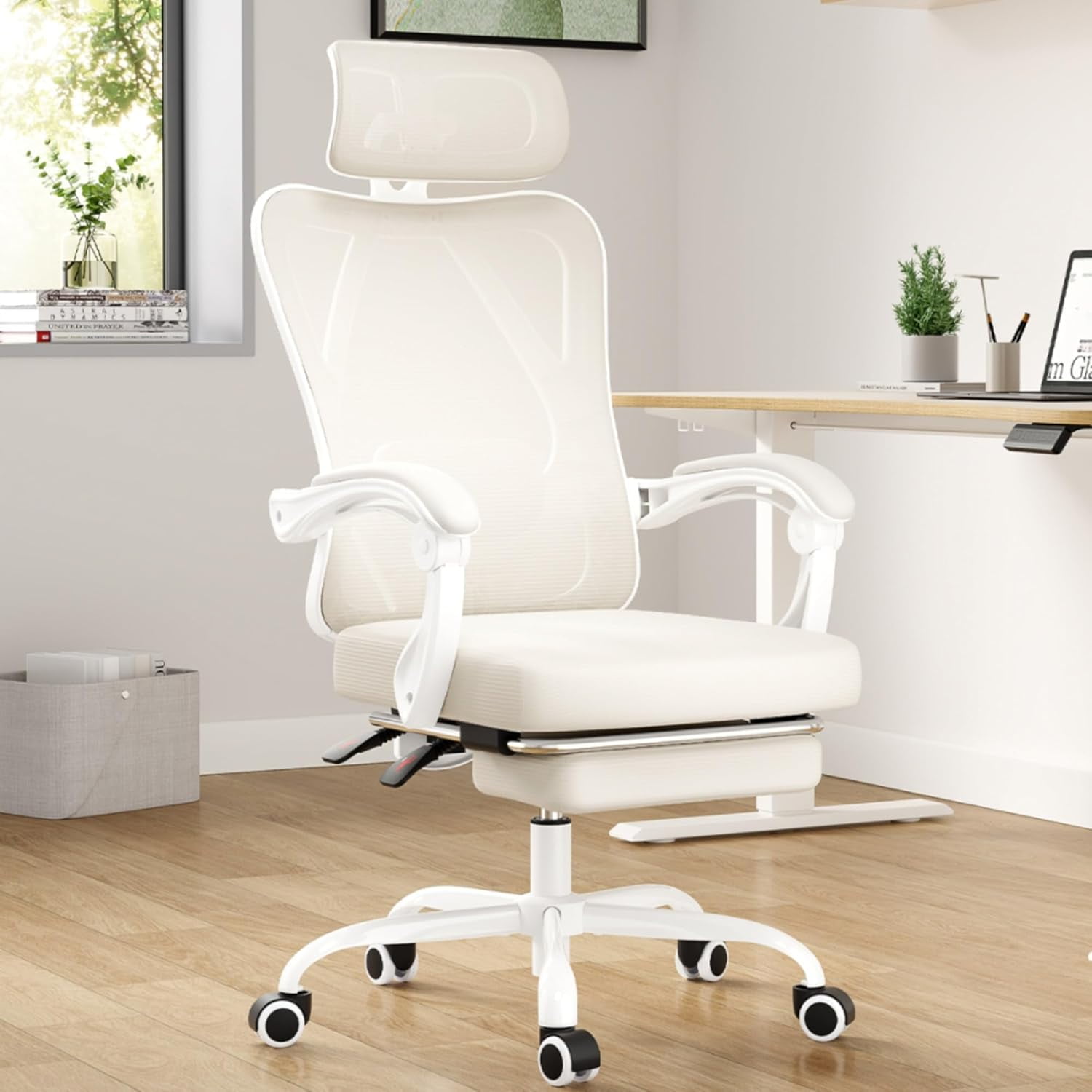 BISHE Ergonomic Office Chair with Footrest & Adjustable Headrest, Reclining Computer Chair with Customizable Lumbar Support, Breathable Mesh Back & Seat, 360° Swivel Wheels, Beige