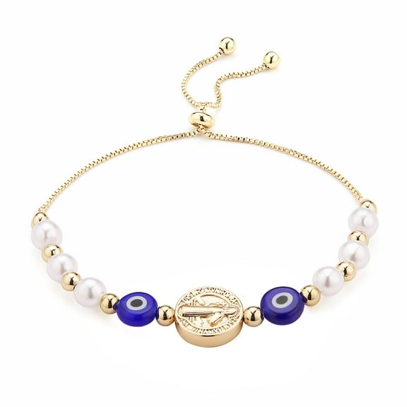 HZMAN Evil Eye Bracelet for Women 14K Gold Plated Saint Benedict Medal Retro Blue Eye Bead Luck Protection Stretch Bracelet Jewelry Gift (Blue)