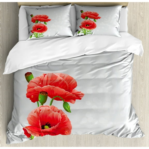 Poppy Queen Size Duvet Cover Set, Fresh Garden Inflorescence Petals and Buds Romantic Bridal Corsage, Decorative 3 Piece Bedding Set with 2 Pillow Shams, Vermilion Green Pale Grey, by Ambesonne