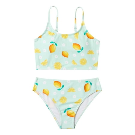 

Lovely Casual Swimwear For Children Girls Cute Floral Printed Summer 2PCS Lemon Beachwear Sport Bikini Bathing Suits