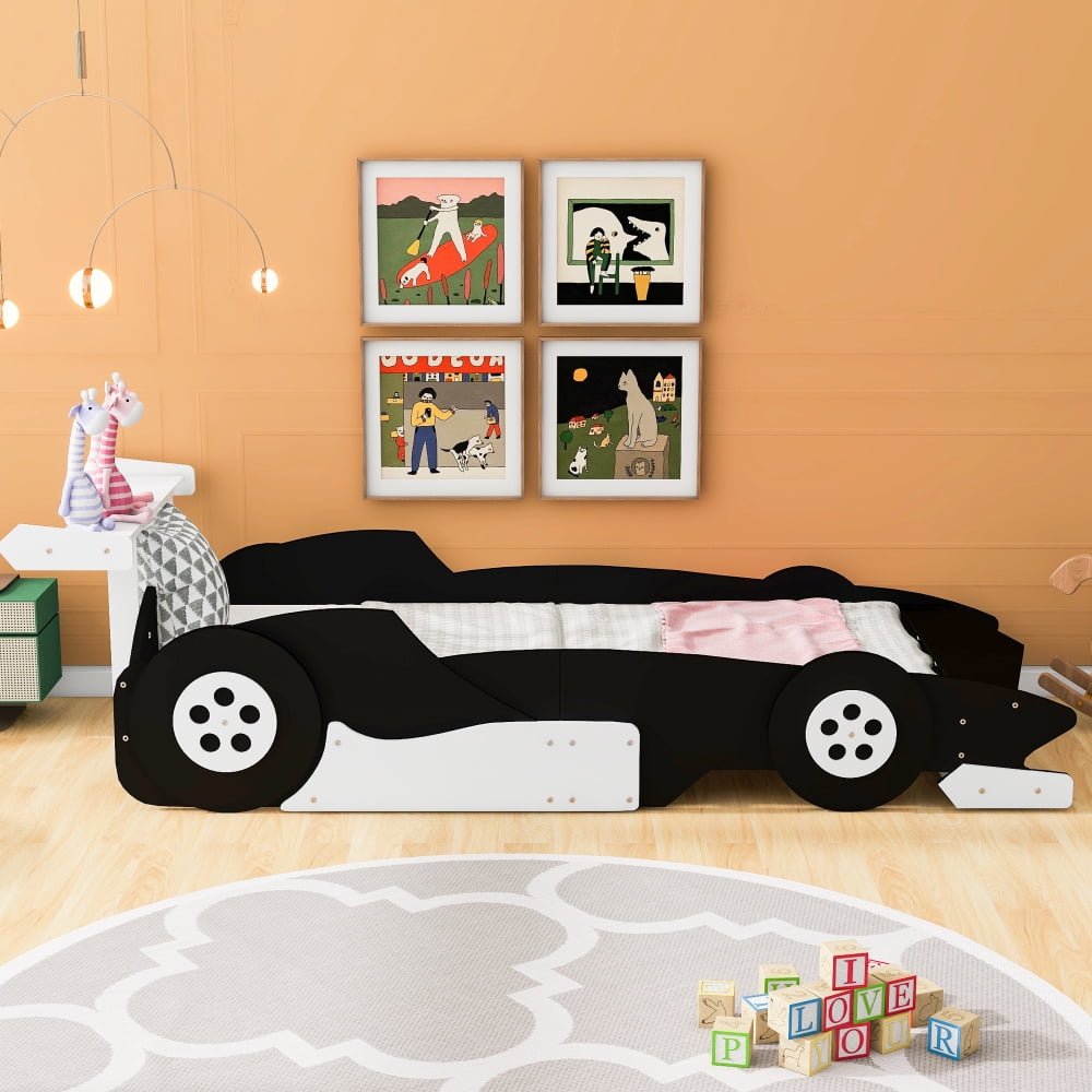 AUU Twin Size Race Car-Shaped Platform Bed with Decorative Wheels, No Box Spring Needed