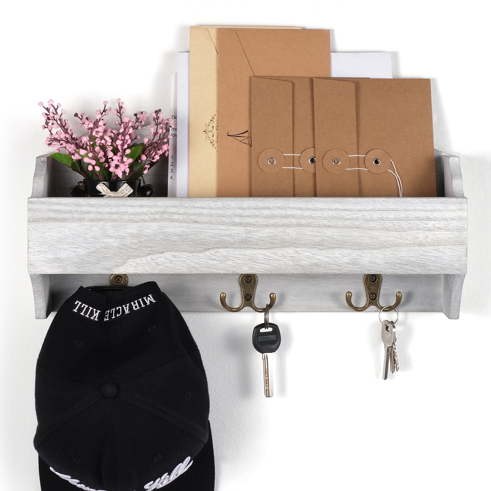 Vintage Wooden Mail 1-Piece Floating Wall Shelf With 6 Key Hooks, Rustic White