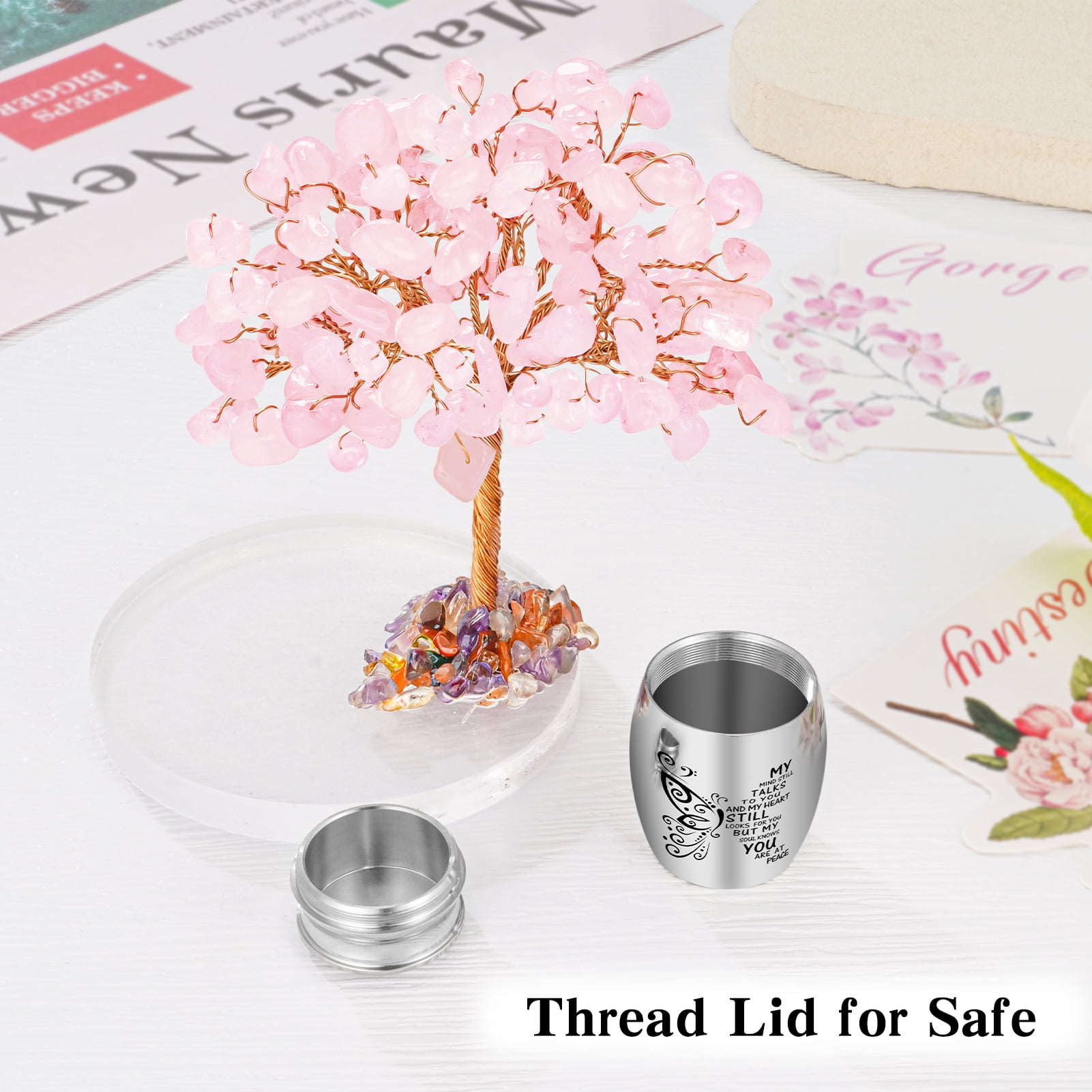 Small Urns for Human Ashes Keepsake, 1.57 Inches Stainless Steel Mini Urn for Women Men with Pink Crystal Tree - Decoration Urn Butterfly Cremation Keepsake Sharing Holder