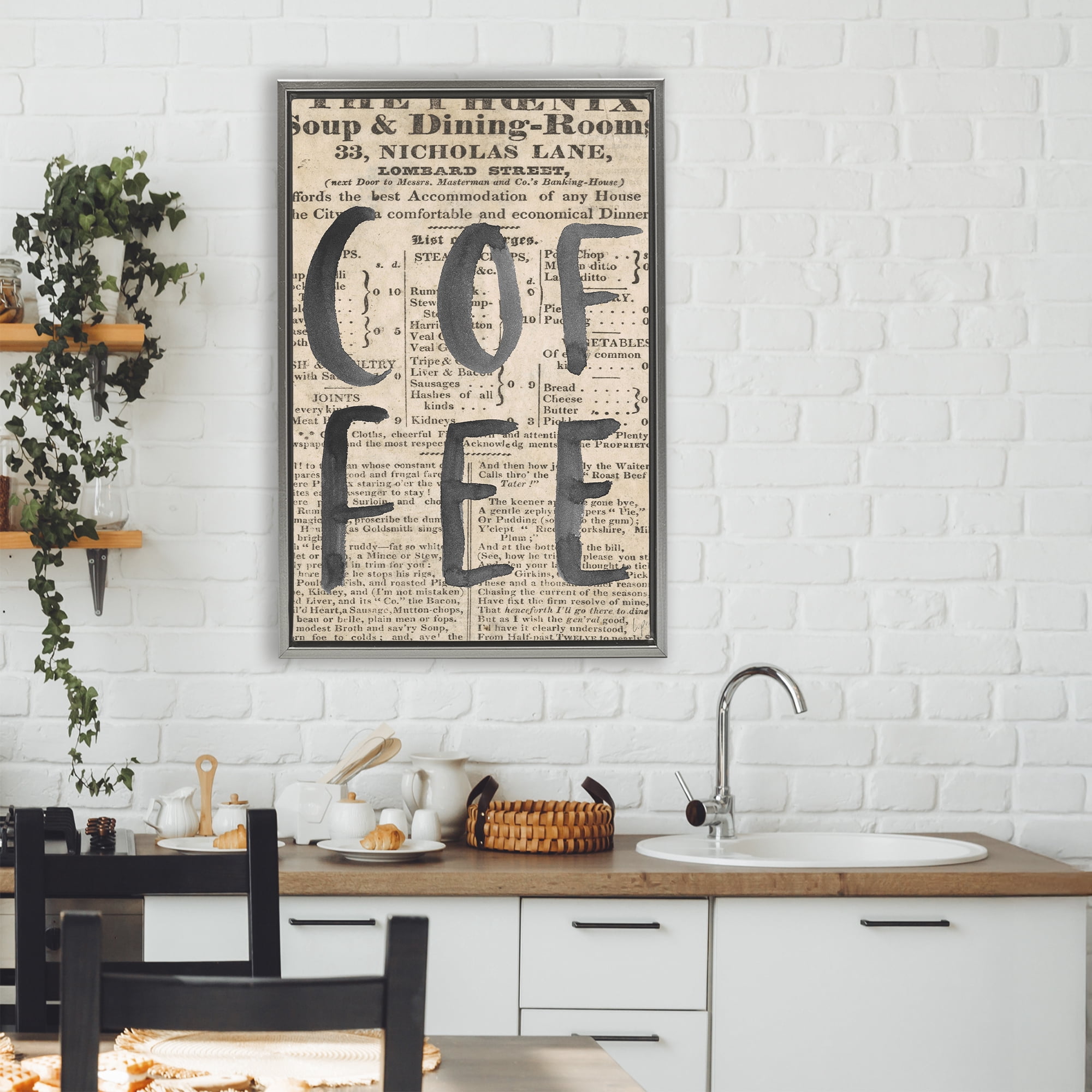 Stupell Industries Vintage Coffee Newspaper Gray Framed Floater Canvas Wall Art, design by Lucille Price