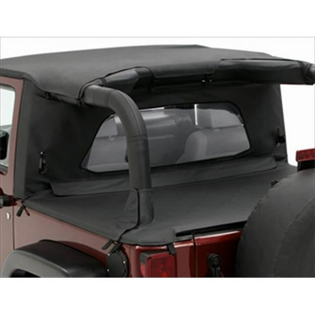 Bestop 8004135 Wraparound Windjammer for Wrangler, 2007-2014, shown in Black Diamond fabric. The windjammer wraps around the sport bars, integrating with factory door surrounds and Bestop's Sound Bar Cap for enhanced sealing against dust, turbulence, and rain. Compatible with Bestop soft tops and accessories, it offers a clean, custom look with mildew-resistant, UV-inhibited fabric. Pictured installed on a red Jeep Wrangler with a rear view of the enclosure.