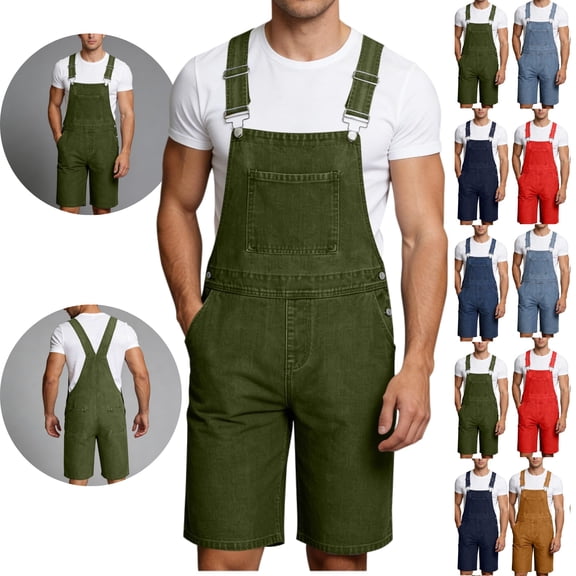 LEKWK Denim Overall Shorts for Men Adjustable Strap Bib Shortalls with Chest Pocket Relaxed Fit Workwear Dungarees for Summer Casual Streetwear Army Green L