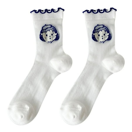 

Women Summer Sheer Glass Fiber Short Ankle Socks Japanese Lolita Sweet Anime Cartoon Girls Jacquard Pattern Ruffle Mid Tube Hosiery