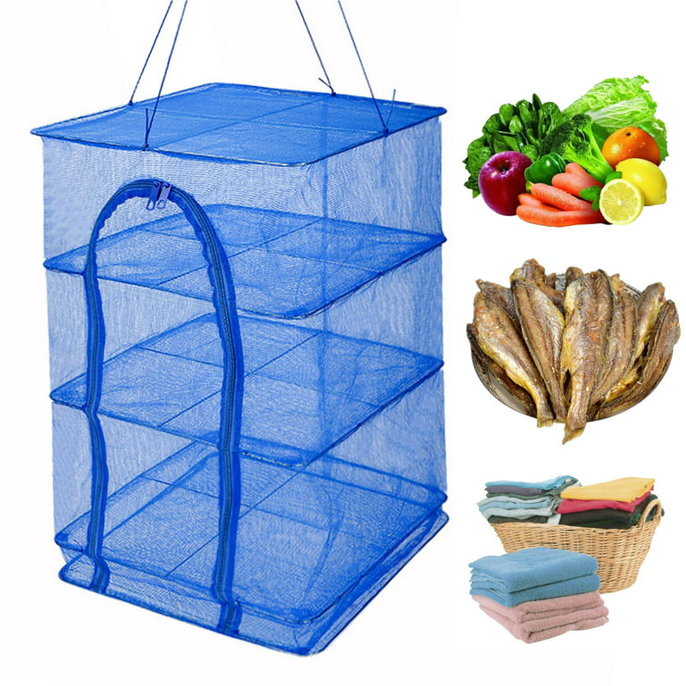 4-Layer Folding Drying Rack with Fish Mesh, Nylon Netting, and Zipper  Opening - Ideal for Drying Shrimp, Fish, Fruits, Vegetables, and Herbs -  Blue (25.59 x 13.78 x 13.78 in) 