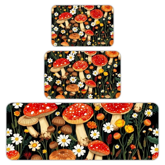 RKSupls Kitchen Rug Set 3 Piece Anti-Slip Flannel Floor Mats, Mushroom Daisy Forest Washable Absorbent Runner Mats for Kitchen Bathroom Home Decor