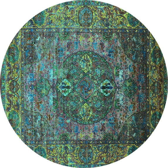 Ahgly Company Indoor Round Oriental Turquoise Blue Industrial Area Rugs, 3' Round