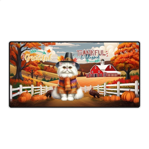 Thanksgiving Persian Pilgrim Grateful, Thankful, Blessed Fall Welcome Desk Mat Full Keyboard Mouse Pad Cat Lover Kitten Owner Gifts Large Mousepad - 00021